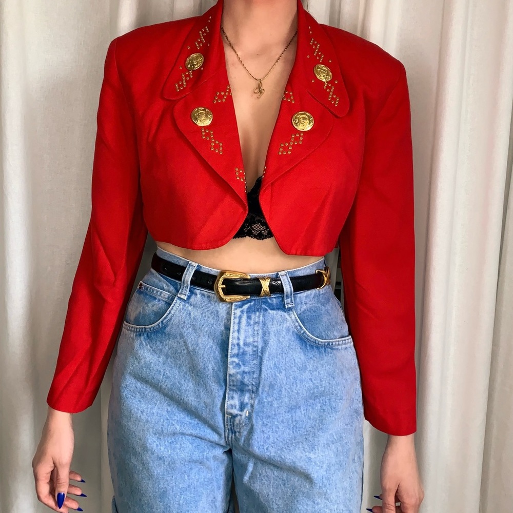 Vintage 80s Cropped Red & Gold Jacket - Size S/M